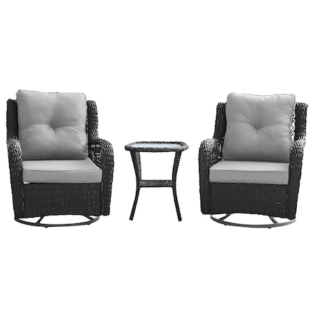 Manhattan Comfort Fruttuo Swivel Steel Rattan 3-Piece Patio Conversation Set with Cushions in Grey OD-CV018-GY